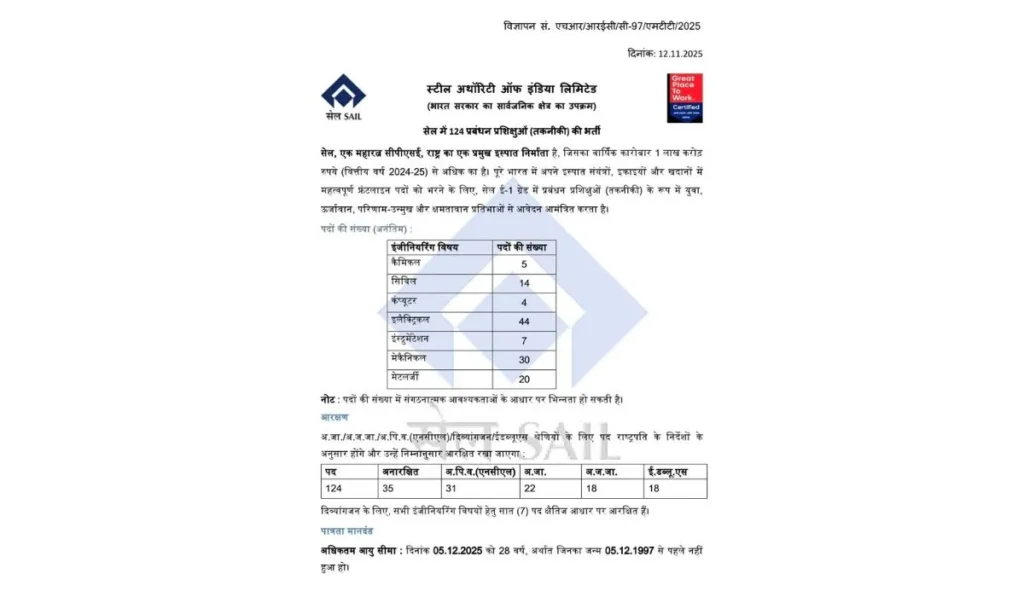 SAIL Recruitment notification